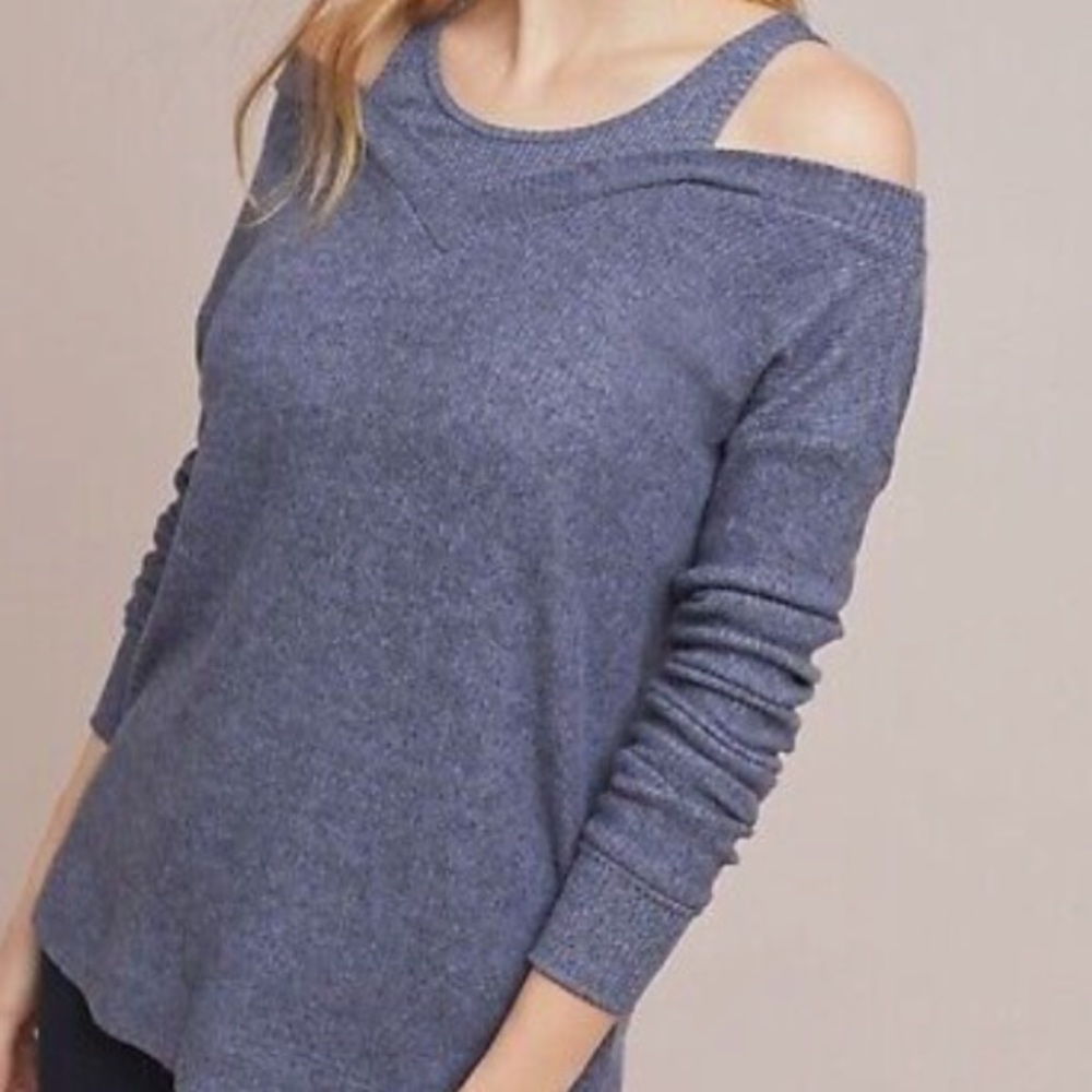 Anthropologie Saturday Sunday Cold Shoulder Ribbed Gray Blue Sweater Top Size S
